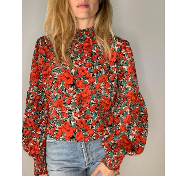 Vintage Floral Rose Cropped Puff Sleeve 70s Style Statement Party Blouse - Picture 12 of 15